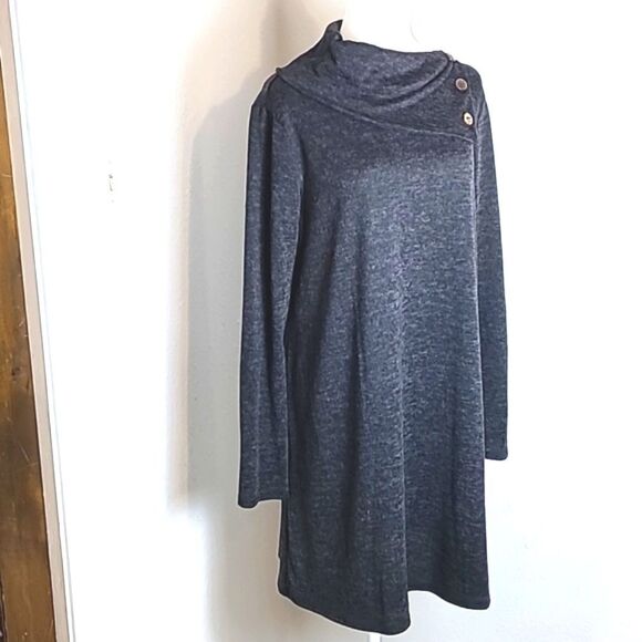 My Story Gray Sweater Dress with Aysemetrical Cowl Neck & Buttons, Size Medium - Picture 2 of 9